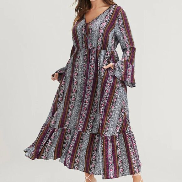 BloomChic Dress Plus Size 1X 14 16 Black white Stripe Short Sleeve V Neck Pocket - Picture 2 of 16